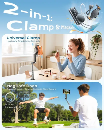 Vista 6 de Trípode magnético para teléfono de 17 pulgadas y palo selfie para iPhone Android, trípode de viaje de 4.5 pulgadas con control remoto inalámbrico