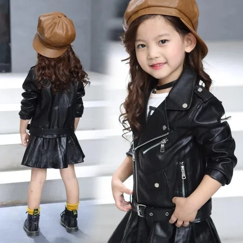 Vista 6 de Miwentor Chaqueta de cuero para niñas, chaqueta de poliuretano de color sólido con cremallera de piel sintética para primavera y otoño