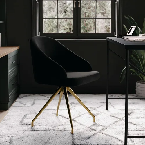 Vista 6 de Martha Stewart Sora Silla de Trabajo Giratoria Fija con Brazos Inclinados para Oficina en Casa en Terciopelo Negro con Marco de Latón Pulido