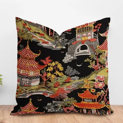 Vista 65 de ArogGeld Funda de cojín con flores verdes y blancas con flores grises y negras y hojas verdes en estilo chinoiserie, funda de almohada cuadrada