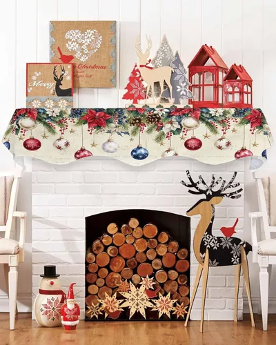 Vista 11 de Daleng Bufanda de repisa de camión de Navidad con muñeco de nieve para chimenea, 60 x 17 pulgadas, árbol de Navidad, copos de nieve, ciervos, verde
