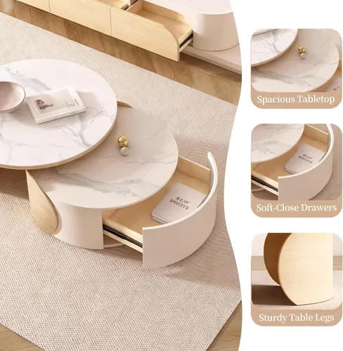 Vista 4 de Moderna mesa de centro redonda anidable con parte superior de mármol, mesa circular de 31.5 pulgadas con almacenamiento, mesa de té central