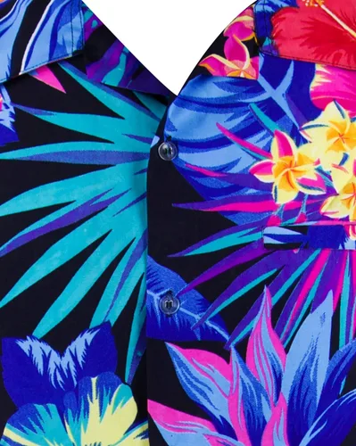 Vista 3 de Camisa hawaiana para hombre, casual, con botones, manga corta, unisex, flores, para fiesta en la playa, con flamenco y flores