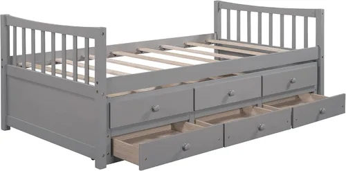Vista 4 de SOFTSEA Marco de sofá cama nido de madera con cajones, cama de día individual, sofá cama para sala de estar, dormitorio, gris