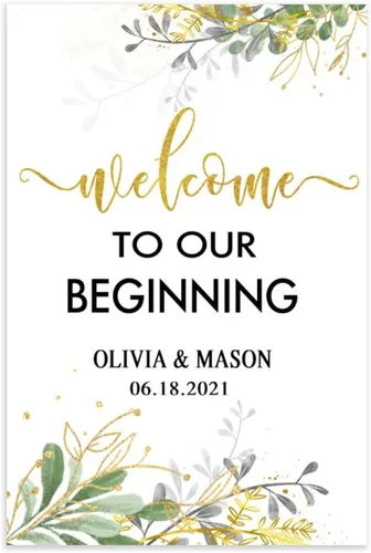 Vista 3 de popeven Letrero de boda con texto en inglés "Welcome to Our Beginning" – Letrero de bienvenida de madera rústica personalizado para boda, boda