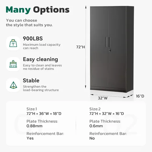 Vista 2 de Greenvelly Armario de almacenamiento de metal con cerradura, gabinete de almacenamiento cerrado negro de 72 pulgadas con 2 puertas y 4 estantes