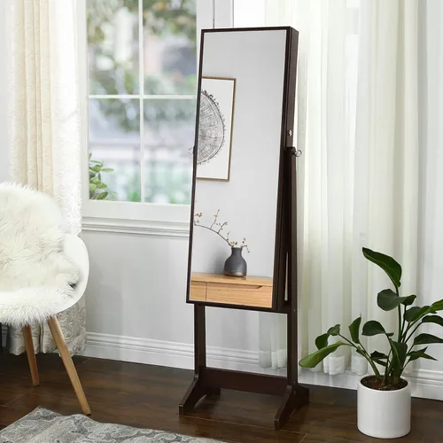 Vista 2 de SONGMICS - Armario gabinete de joyería con espejo espejo grande de pie de cuerpo completo organizador de joyas con cerradura color marrón UJJC69BR