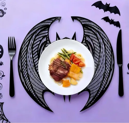Vista 2 de Juego de 12 manteles individuales con forma de murciélago de Halloween, lavables, color negro, gótico, decoración de mesa para interiores