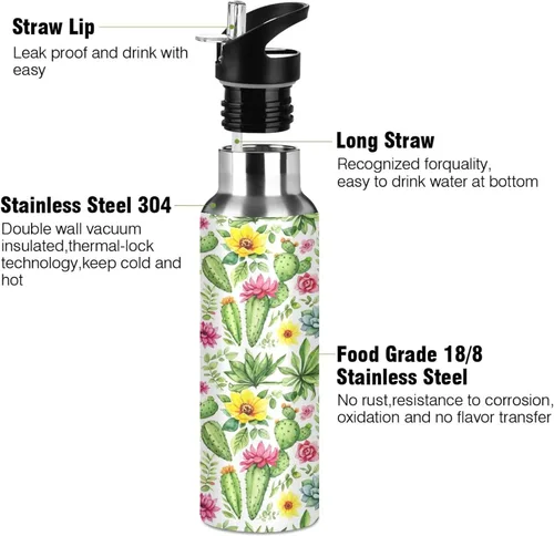 Vista 3 de BPA-Free Sports Water Bottle with Straw 32 Oz, Stainless Steel Vacuum Insulated Water Bottle for Gym Outdoor Travel School, Colorful Watercolor