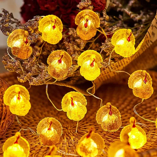 Vista 2 de Luces de pavo de Acción de Gracias, decoración de cosecha de otoño, luces de otoño 3D Turquía de 8.5 pies, 20 luces LED de alambre de cobre USB