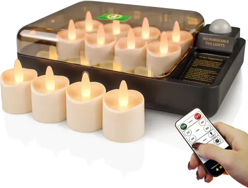 Vista 10 de HL Velas sin llama con temporizador remoto y estación de carga, más de 60 horas recargables, impermeables, para exteriores, velas de té RGB