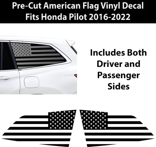 Vista 4 de BOGAR TECH DESIGNS Calcomanía de vinilo precortada con bandera estadounidense para ventana de un cuarto compatible con Honda Pilot 2016-2022, negro