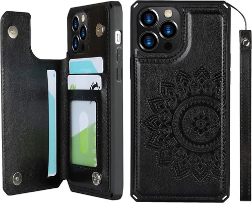 Vista 17 de iCoverCase Compatible con iPhone 12/12 Pro Wallet Funda para teléfono con tarjetero para mujer, bloqueo RFID en relieve de piel sintética con correa