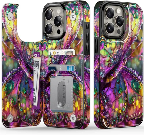 Vista 27 de FUNMIKO Funda tipo cartera para iPhone 13 con tarjetero, bloqueo RFID, protección de grado militar y obras de arte impresas con rayos UV, cierre