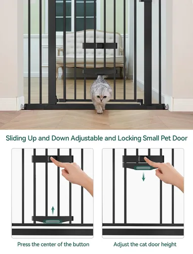 Vista 3 de BABELIO Nueva Versión Puerta de Bebé con Puerta para Gatos Ajustable, Puerta de Mascotas de Metal de 29-40" para Escaleras y Puertas, Montaje a Negro