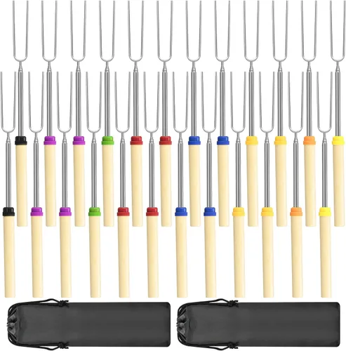 Vista 8 de Juego de 5 palitos para asar malvaviscos, brochetas extensibles de metal de 32 pulgadas de largo con mango de madera, para malvavisco, perros