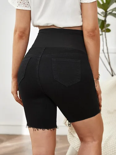 Vista 2 de Floerns Pantalones cortos de mezclilla de maternidad para mujer con dobladillo enrollado
