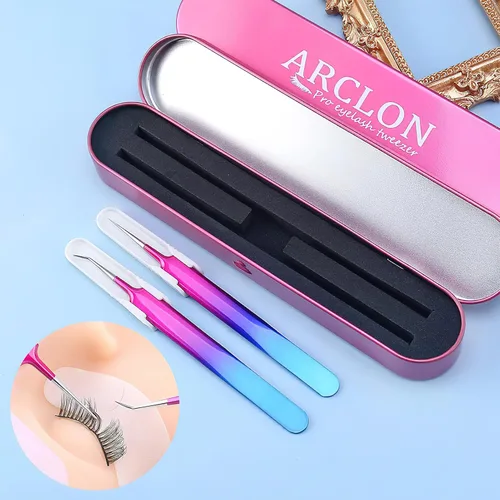 Vista 8 de Pinzas de pestañas aislantes para extensiones de pestañas de volumen, acero inoxidable de precisión profesional, color morado 6.89 x 1.5 x 0.79