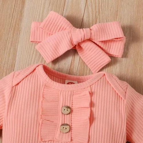 Vista 4 de Conjunto de ropa para bebé recién nacida, conjunto de trajes de niña con volantes y diadema 3 piezas de verano