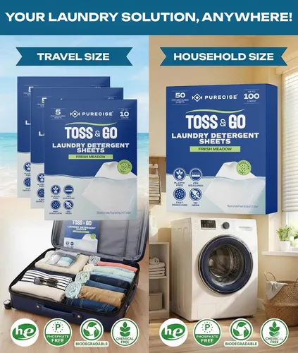 Vista 3 de Purecise - Hojas de detergente para ropa de viaje, Fresh Meadow, 30 cargas, paquete de 3 Toss & Go travel essentials for cruise, airplane, dorm