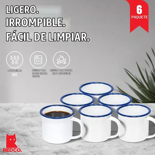 Vista 2 de Red Co. Juego de 6 tazas de café y té redondas de metal esmaltado de 5 onzas con asa, borde blanco sólido y azul marino