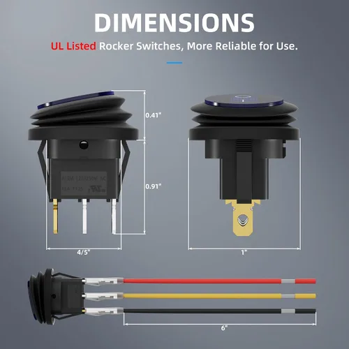 Vista 2 de DaierTek Interruptor basculante impermeable de 12 V y 20 A con luz LED azul, redondo, 3 pines, 12 voltios, palanca iluminada resistente a