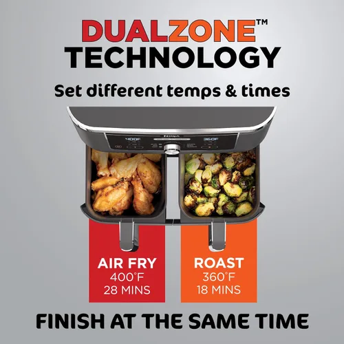 Vista 3 de Freidora de aire Ninja DZ401 Foodi 10 Quart 6 en 1 DualZone XL de 2 canastas con 2 canastas de freír independientes, Match Cook y Smart Finish