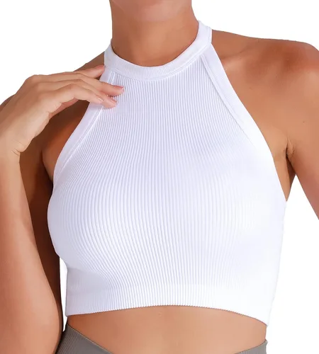 Vista 2 de Sunzel Camiseta sin mangas acanalada para mujer, cuello alto, sin costuras, linda, básica, sin mangas, para entrenamiento, atlética, yoga