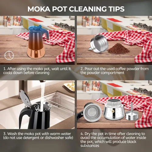 Vista 8 de 2 tazas de 3.4 fl oz Moka Pot de acero inoxidable, cafetera para estufa, cafetera italiana, estilo clásico, Greca Café, máquina de moca