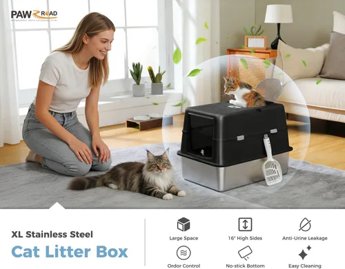 Vista 8 de PAWZ Road Caja de arena para gatos de acero inoxidable, caja de arena cerrada XL extra grande con bandeja de metal antiadherente, lados de 16