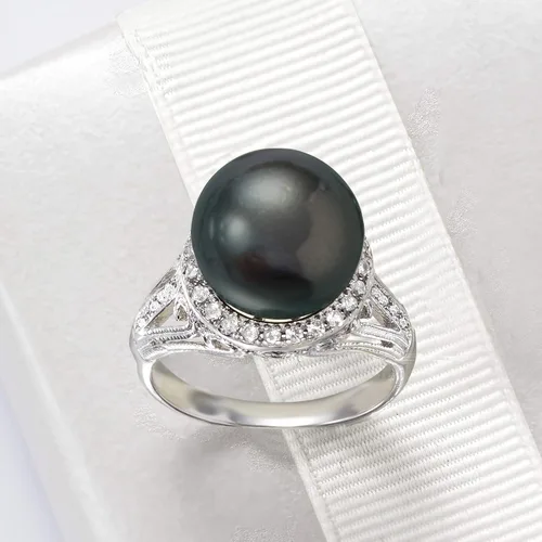 Vista 5 de Ross-Simons 11-12mm Black Cultured Tahitian Pearl Ring With .20 ct. t.w. White Topaz in Sterling Silver