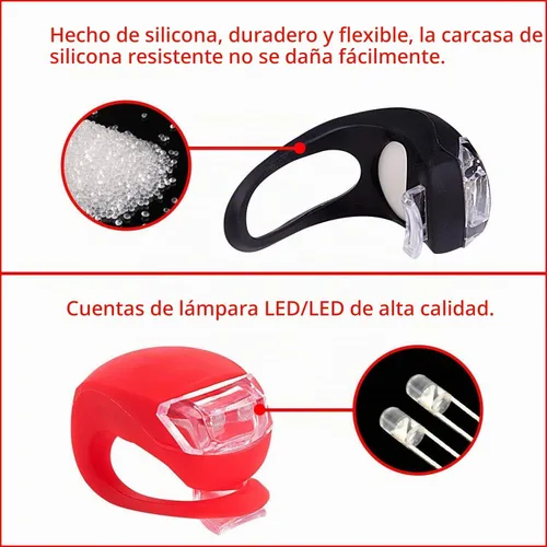 Vista 5 de Paquete de 8 luces de bicicleta, juego de luces LED de silicona para bicicleta, 4 faros delanteros de bicicleta y 4 luces traseras (rojo y blanco)