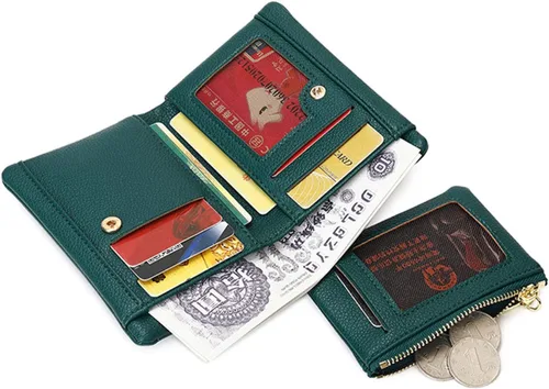Vista 3 de Carteras para mujer, billetera pequeña Rfid para mujer, billetera de cuero plegable para mujer, tarjetero plegable con cremallera extraíble (verde)
