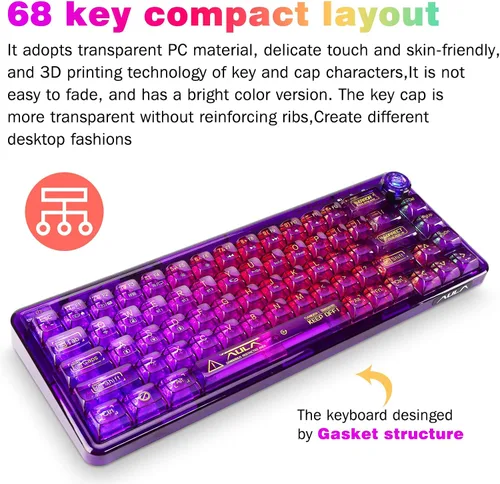 Vista 3 de CC MALL 60% Portable Transparent Gasket Mechanical Gaming Keyboard,RGB Backlit Compact 68 Clear Keycaps,Include 2.4GhzBluetoothUSB-C Connections,Ice