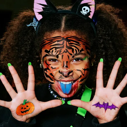 Vista 4 de Tatuajes temporales de cara de tigre, paquete de 6 – Kit realista de nariz, bigotes y frente a rayas para Halloween, fiestas de disfraces