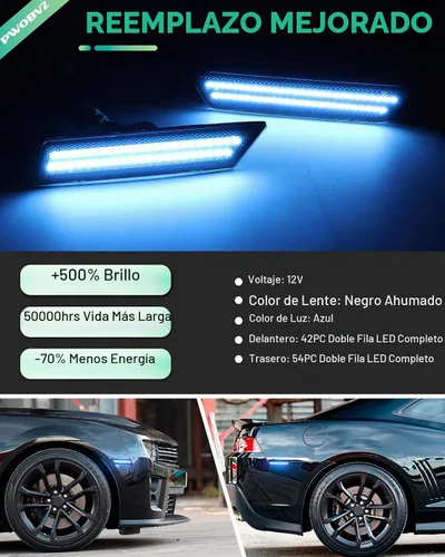 Vista 2 de Luz de Marcador Lateral Azul Compatible para 5ta Generación Chevy Camaro 2010 2011 2012 2013 2014 2015, Luces de Parachoques Delanteras y Traseras