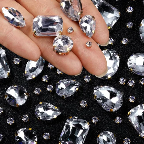 Vista 12 de WILLBOND 156 piezas de diamantes de imitación para coser con garra, diamantes de imitación de cristal con base plana, gemas con engaste de metal