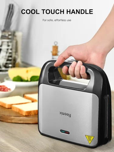 Vista 6 de Reemix Máquina 3 en 1 para Waffles, Parrilla y Sándwiches, Prensa Panini y Plancha para Waffles con Placas Antiadherentes Removibles, Perfecta