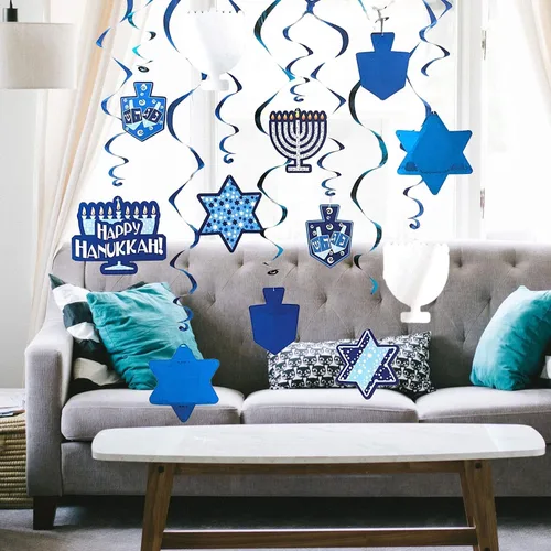 Vista 4 de The Dreidel Company Decoraciones de Remolinos de Hanukkah, Incluye 12 Remolinos con Recortes de Hanukkah de Papel de Aluminio de 24" y Remolinos