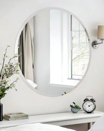 Vista 26 de Espejo de pared ovalado sin marco: Espejo decorativo elíptico de vidrio espejado para tocador con borde plateado biselado para baño, dormitorio