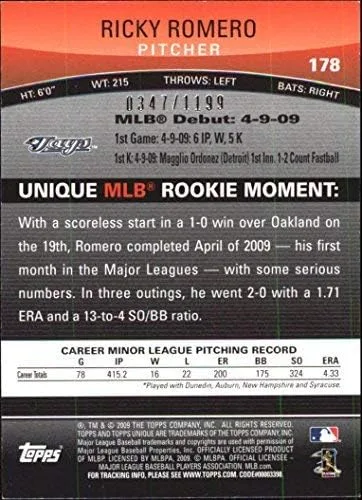 Vista 2 de 2009 Topps Unique Red #178 Ricky Romero /1199 MLB Baseball Trading Card