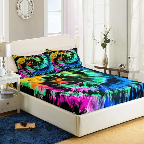 Vista 9 de AILONEN Sábana Bajera Ajustable con Tie Dye Tamaño Twin, Sábanas de Cama Coloridas de Estilo Hip-hop Superior para Niñas Adolescentes Niños, Juego