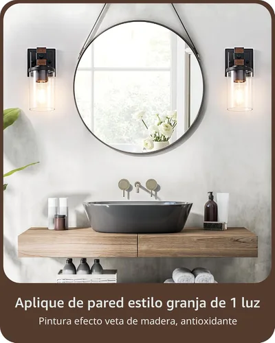 Vista 4 de EDISHINE Juego de apliques de pared de 2, accesorios de iluminación de tocador de estilo granja para baño, lámpara de montaje en pared rústica