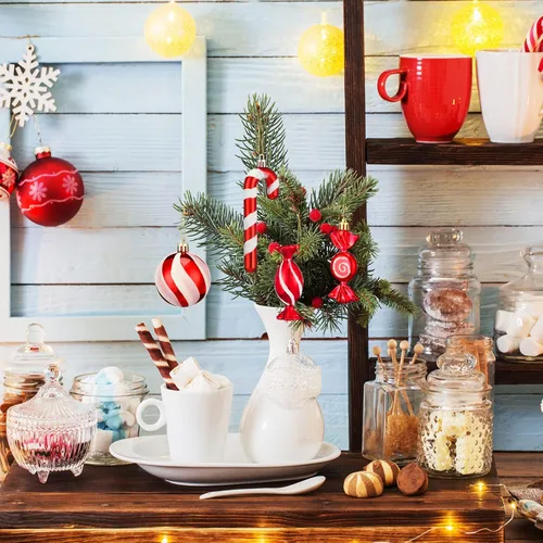 Vista 6 de Aoriher 24 piezas de adornos de bastón de caramelo de Navidad, rojo y blanco, de plástico, bastón de caramelo de menta, decoraciones de Navidad