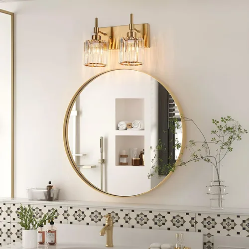 Vista 2 de Lámparas de baño doradas, 2 lámparas de tocador de cristal para baño, luces modernas de latón sobre espejo