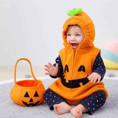 Vista 6 de stylesilove Disfraz de calabaza de forro polar para niños pequeños de Halloween