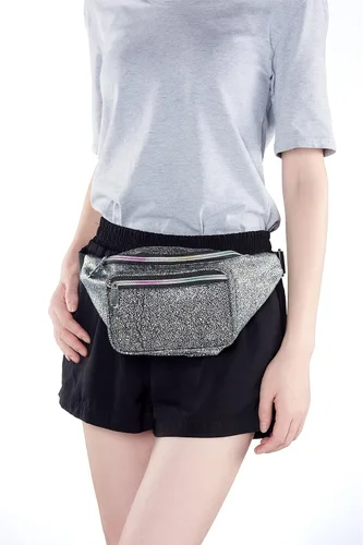 Vista 5 de C.T.Soarsky - Riñonera holográfica arcoíris negra, grava, oro, rosa, diseño de tiburón para mujeres, niñas, festival, fiesta rave, viaje, Negro