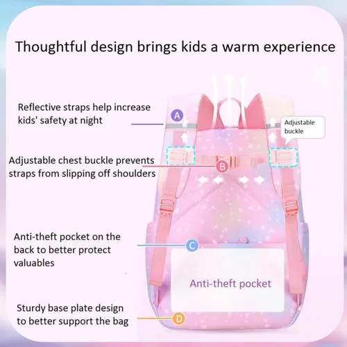 Vista 6 de Mochila infantil con diseño de arcoíris degradado para niñas, escuela primaria, con estampado de corazón, mochila escolar con compartimentos