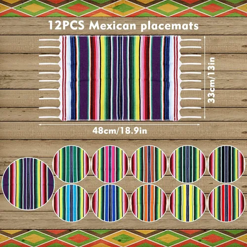 Vista 2 de Paquete de 12 manteles individuales mexicanos, 12.99 x 18.89 pulgadas, manteles individuales mexicanos de serape mexicano, manteles individuales