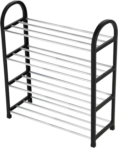 Vista 6 de Zapateros de 4 niveles, estante de zapatos de pie, estante de plástico de aluminio, organizador de zapatos delgado de gran capacidad